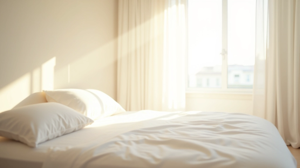 Peaceful bedroom with natural morning light streaming through windows, minimalist bedding and calm atmosphere