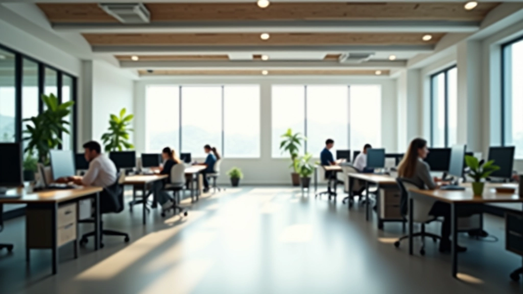 Team collaborating in bright modern office space with glass walls, natural light, and focus areas visible