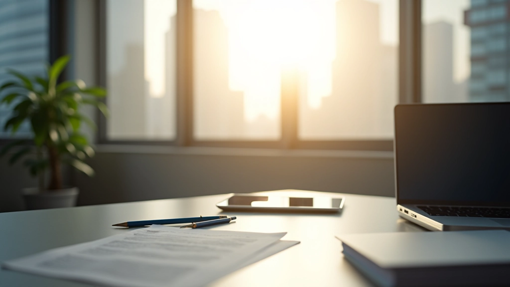 Modern Wan Chai office workspace with morning sunlight, laptop and planner on desk