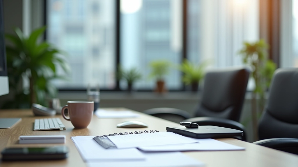 Modern professional workspace with productivity tools and natural lighting