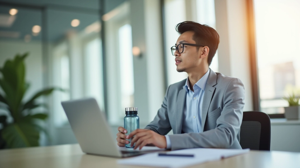 Person at desk looking refreshed with water bottle, showing signs of taking a proper break