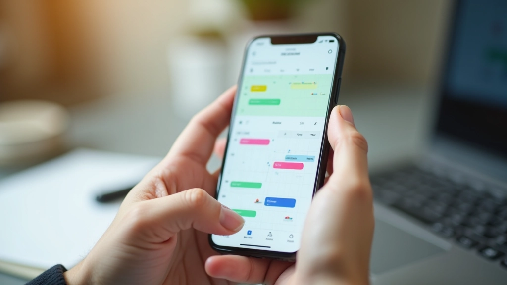Digital calendar on smartphone showing multiple color-coded time blocks throughout the week