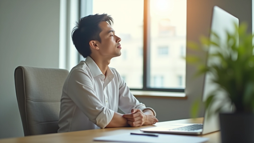 Person taking a break, stepping away from desk, wellness moment